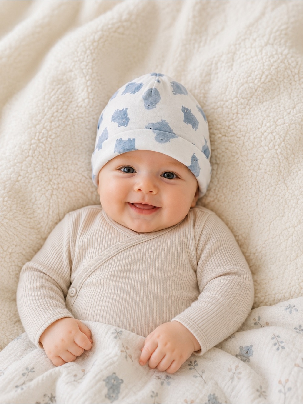 Baby Bear Print Cotton Beanie Hat - White & Light Blue - 9M